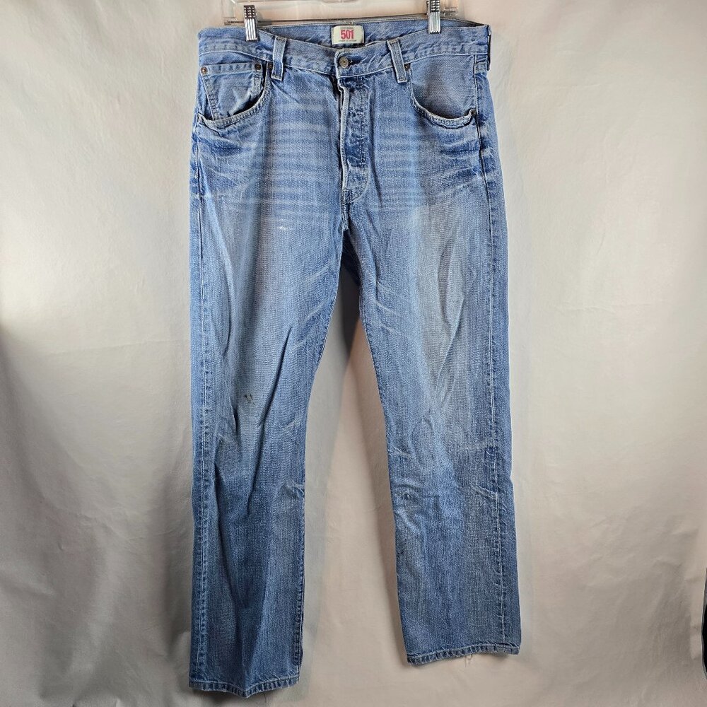 Levis 501XX Jeans Mens 36x34 Blue Denim Button Fly Pants Light Wash Thrashed